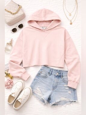 Primark Blush Pink Cropped Hoodie Sweatshirt Lightweight Size M EUC